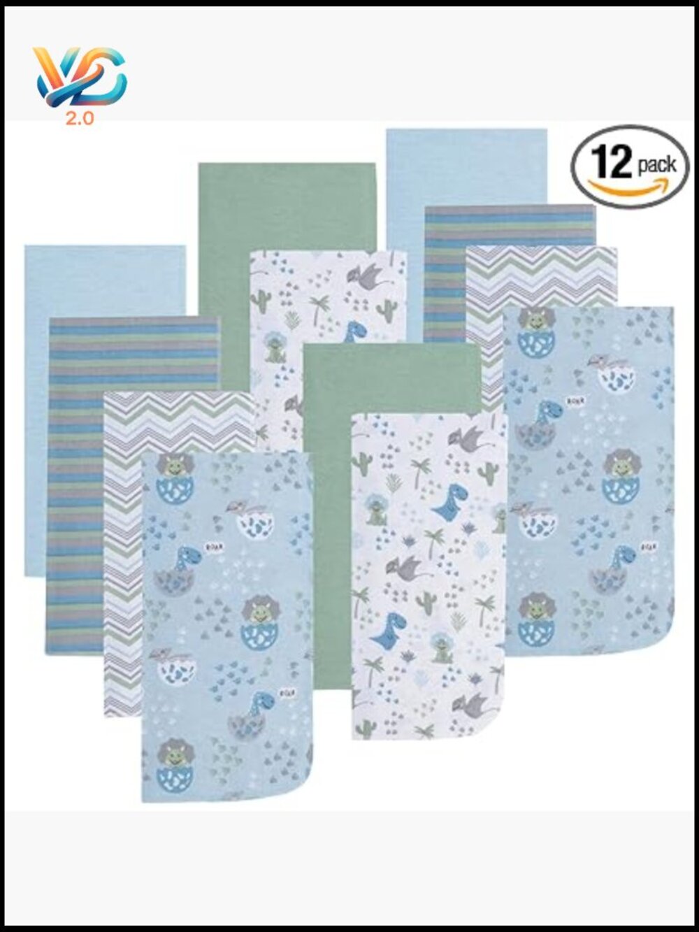 12 Pack Burp Cloths Large Absorbent Cotton Flannel Baby Essential Dinosaurs